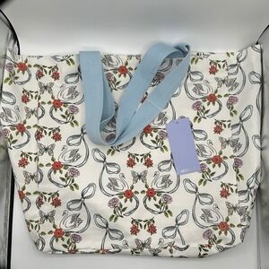 Serenite Large Tote Bag White Canvas Floral Swan Butterfly 100% Cotton NWT